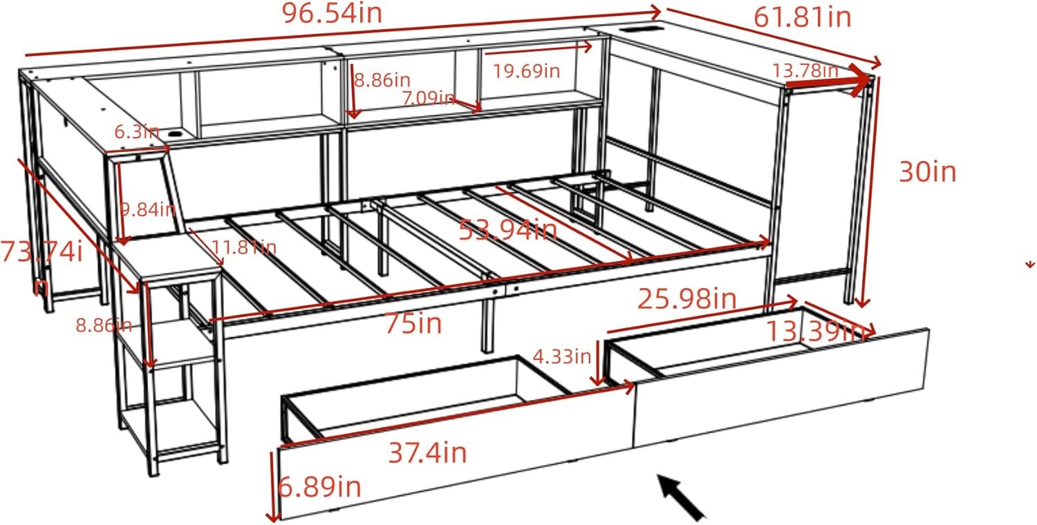 Bellemave Full Size Corner Bed Frame with Storage Drawers, Bookcase and Side Desk, Full Corner Bed with Light and Charging Station, Daybed for Bedroom, Living Room, Guest Room Black