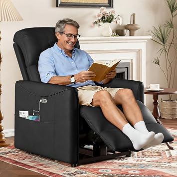 Welzona Power Recliner Chair, Reclining Chair, PU Leather Small Recliners for Small Spaces, Infinite Position Electric Recliner Chairs for Adults, Electric Recliners with USB Port & Side Pocket, Black