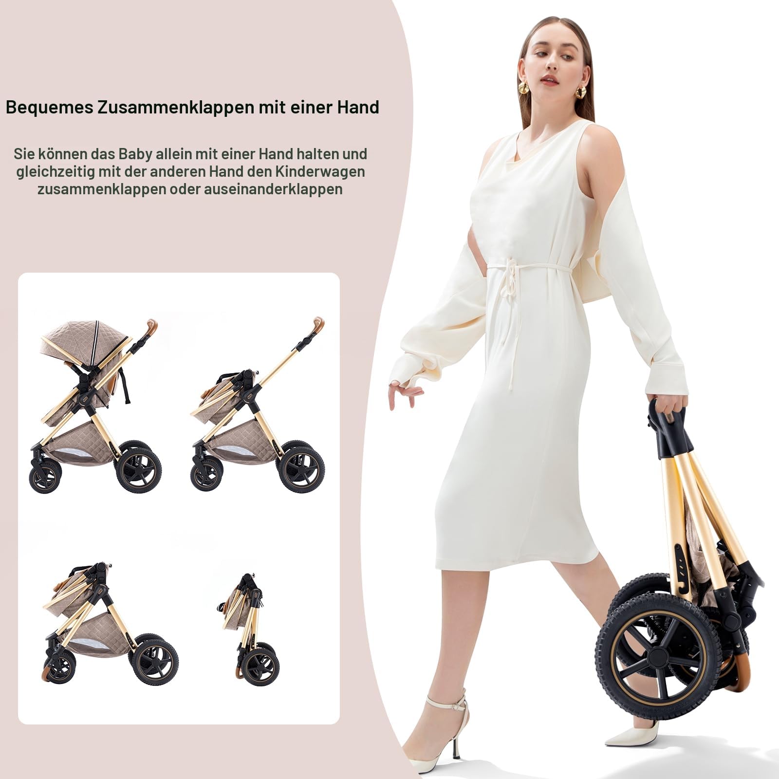 BEBBY Kinderwagen 3 in 1,Kinderwagen Buggy Mit Babyschale,Mit Höhenverstellbarer buggy Komplettset Faltbare tragbare,Buggys Mit Aluminiumrahmen für Neugeborene 0 bis 3 Jahre (Pink-6, H2)