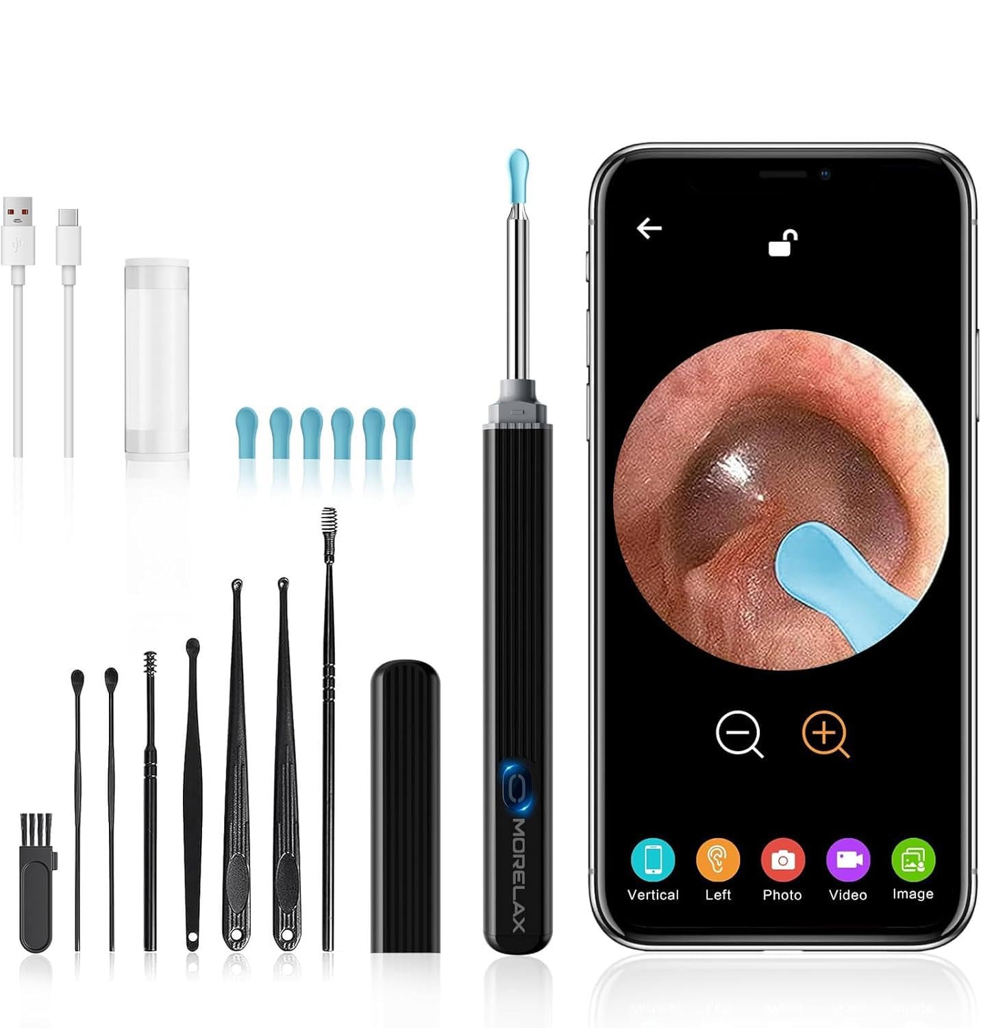 Ear Wax Removal,Ear Wax Cleaner with Camera,Earwax Removal Tool, with 8 Ears, Earwax Cleaning kit 1080P HD Otoscope - Ear Camera with 6 Ear Scoops - Otoscope Ear Pick for iOS and Android (Black)