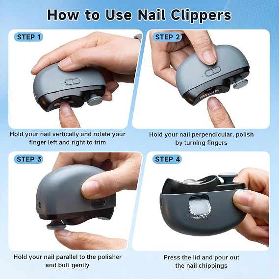 Electric Nail Clipper 3-in-1 Automatic Nail Clippers, Fingernail Toenail Trimmer Electric Toenail Clippers with LED Light Clip Storage 2 Speeds Nail Care Tool for Seniors Adults (Grey)