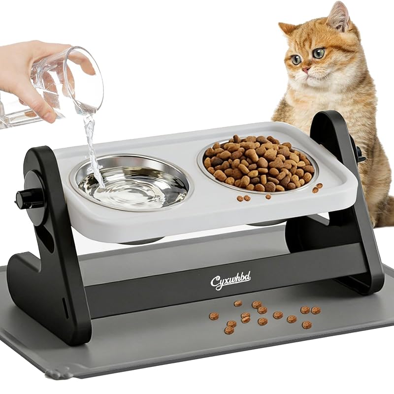 Potes elevados para gatos com tigelas de aço inoxidável, tapete e altura ajustável Cyxwhbd, Cinza-claro