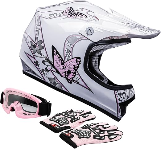 TCT-MOTORPARTS Pink Butterfly Girl DOT Kids Youth Motocross Helmets ATV Off-Road Dirt Bike Motorcycle Full Face Helmet+Gloves+Goggles Medium