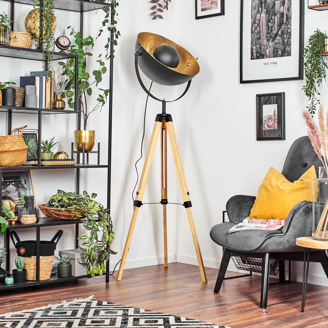 HOFSTEIN Stehleuchte Jupiter, Stehlampe aus Holz/Metall in Naturfarben/Schwarz/Goldfarben, Leuchte im Boho-Style, Höhe 167 cm, Ø 49 cm, Fußschalter - Wohnzimmer, Schlafzimmer, Esszimmer, Flur, Büro