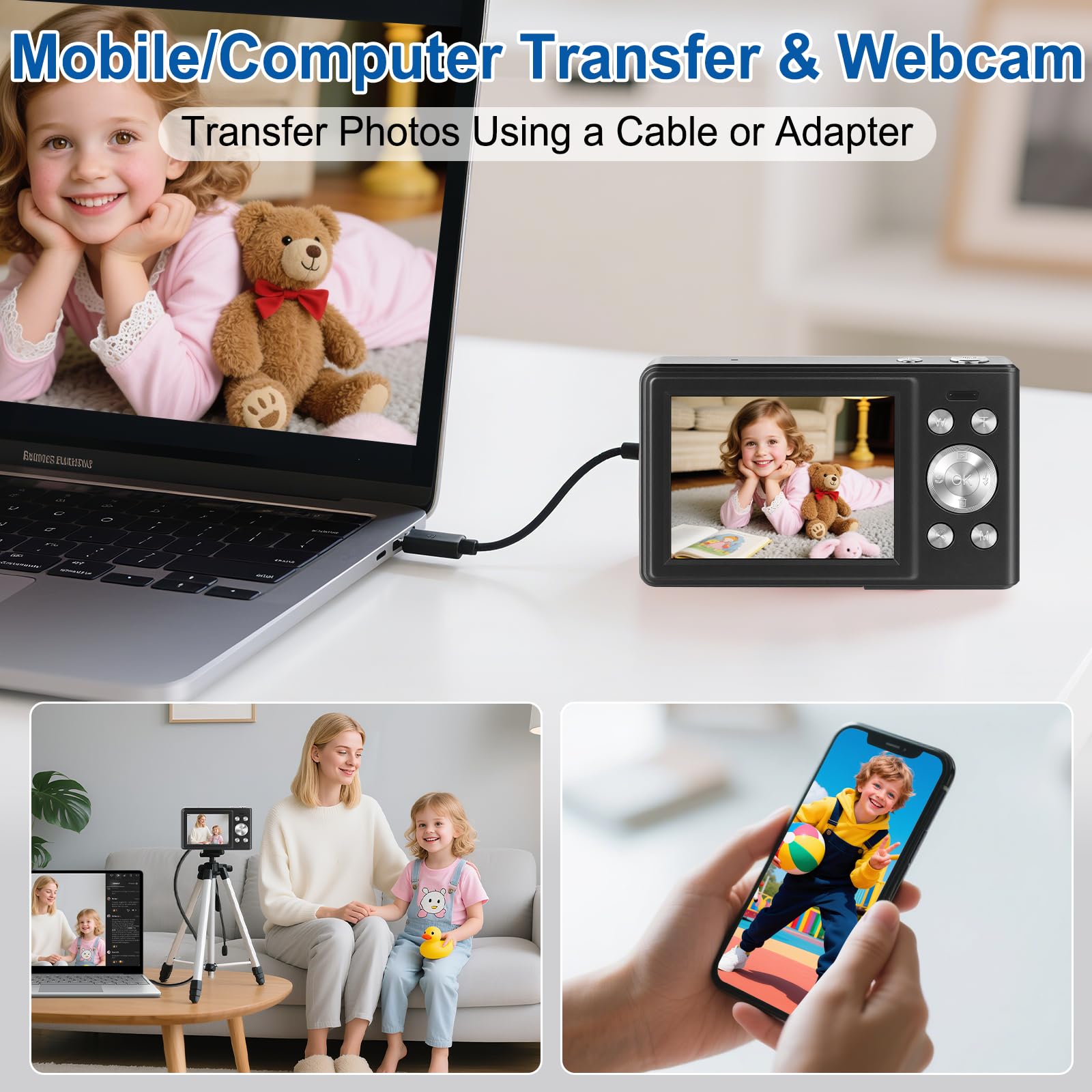 Cámara Digital 56MP 1080P FHD con Autofoco, Zoom Digital 16X, Pantalla LCD 2.8", Tarjeta SD 32GB y 2 Baterías - Cámara Compacta Portátil para Niños, y Principiantes (Negro-1.)