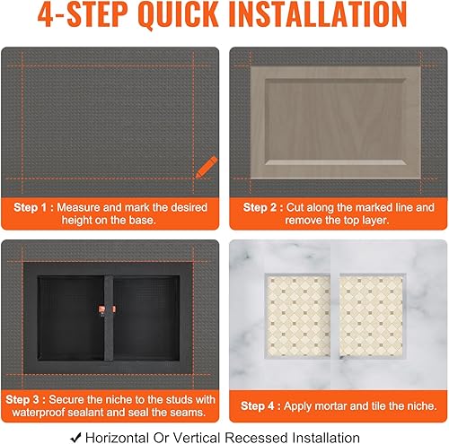 Miniatura 6 de VEVOR Nicho de ducha listo para azulejos de 16 x 24 pulgadas, organizador de doble estante, esquinas cuadradas insertadas en la pared, nicho