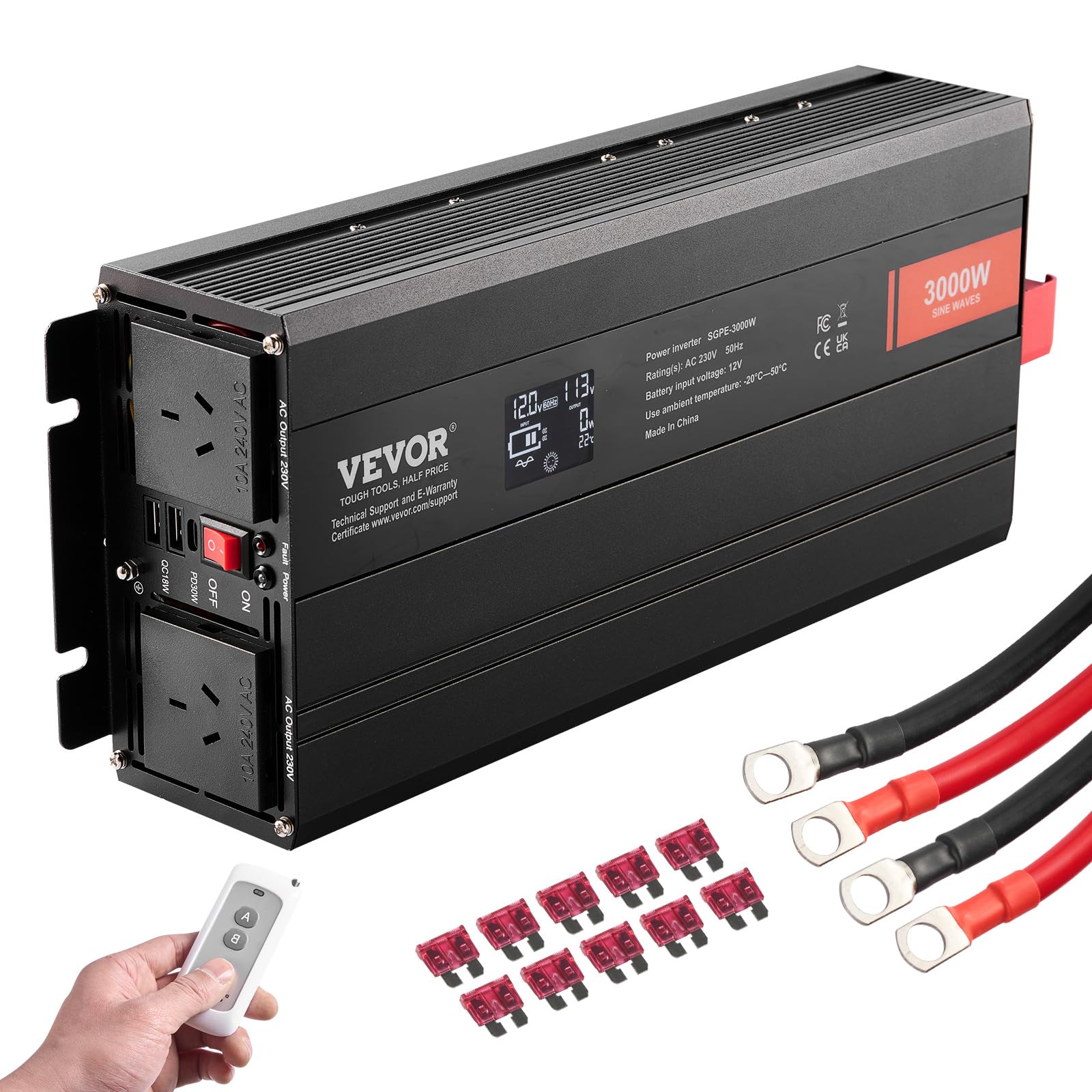 VEVOR Convertitore di Potenza a Onda Sinusoidale, Convertitore Potenza 3000W CC da 12V a CA 230V Display LCD e Telecomando per Grandi Elettrodomestici, FCC
