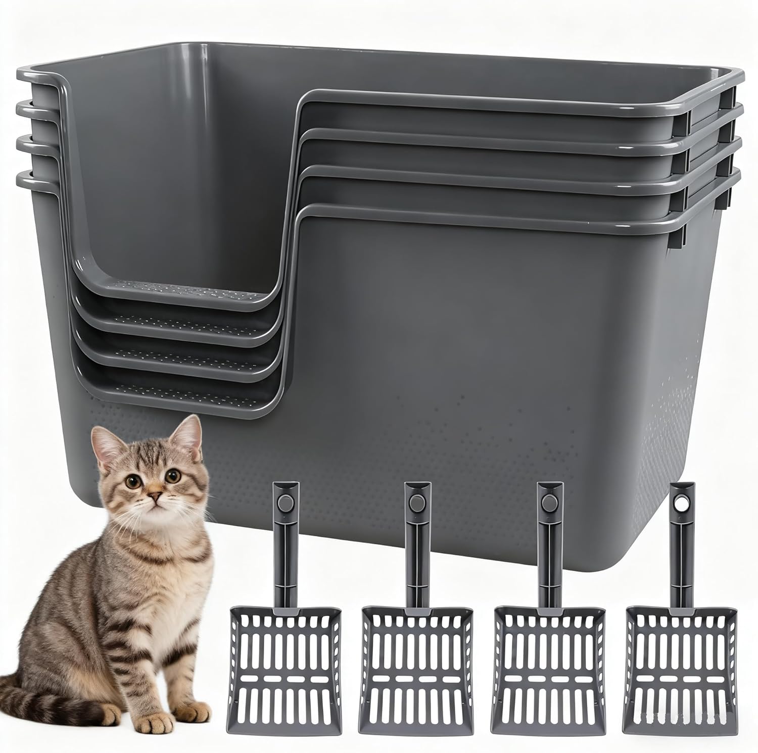 Set of 4 Extra Large Cat Litter Box, Low Entry Senior Litter Pen for Geriatric Kitty Big Cats, Open Top Cat Litter Tray with Scoop, Grey