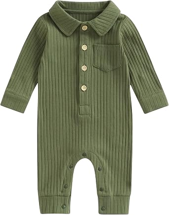 Baby Boy Ribbed Long Sleeve Romper Lapel Button Down Jumpsuit Newborn Infant Dress Clothes Fall Winter Outfit