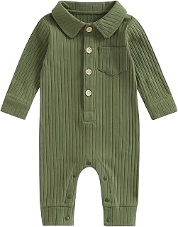 Infant Baby Boy Girl Fall Outfit Ribbed Romper Solid Lapel Long Sleeve Overall Jumpsuit Pocket Cute Newborn Clothes