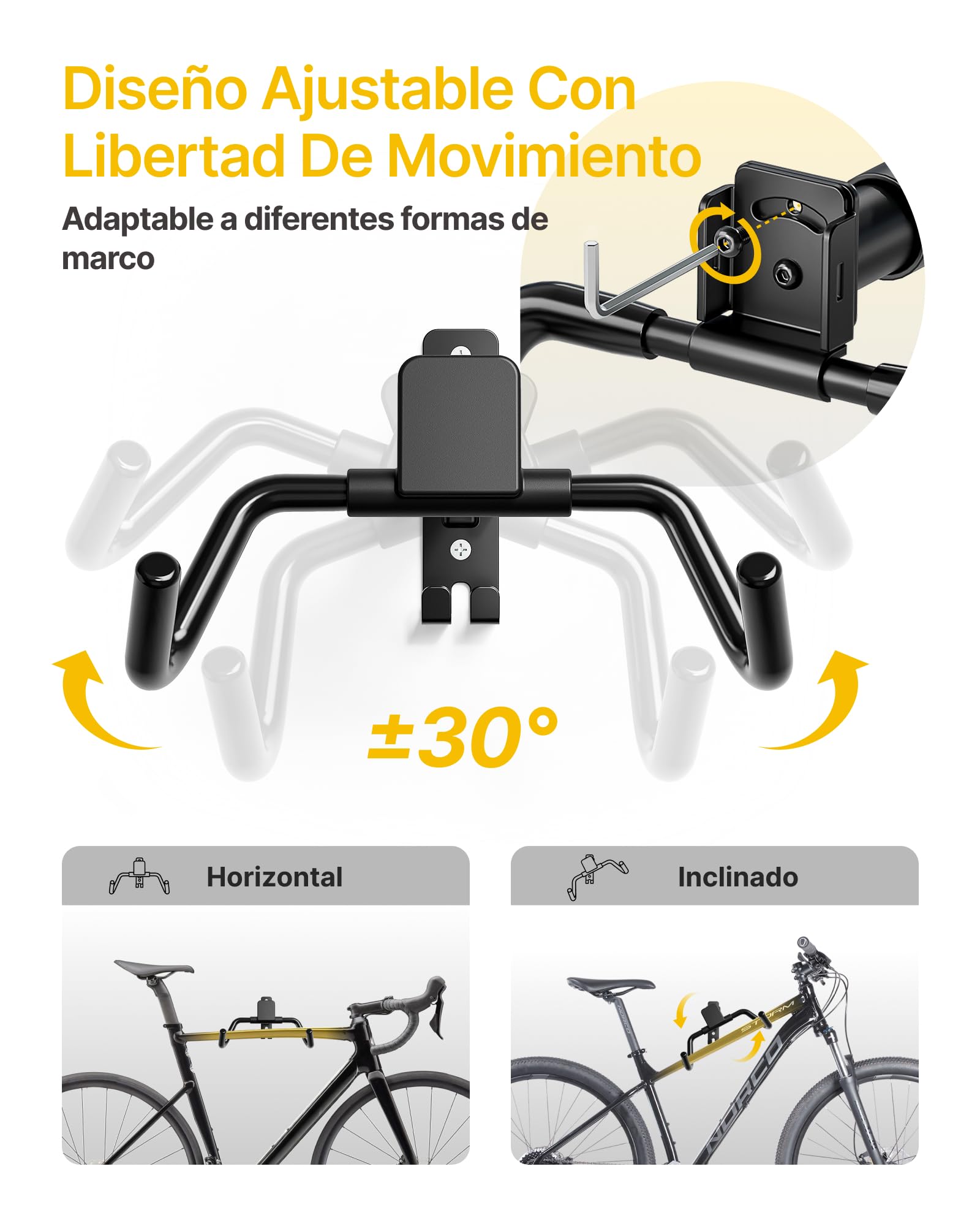 monTEK Lote de 4 Soportes De Pared Bicicleta Plegables, Carga Máx 30 Kg | Soporte De Pared Para Colgar Bicicletas, Gancho De Pared Para Bicicleta De Montaña, ÁNgulo Y Distancia Ajustables
