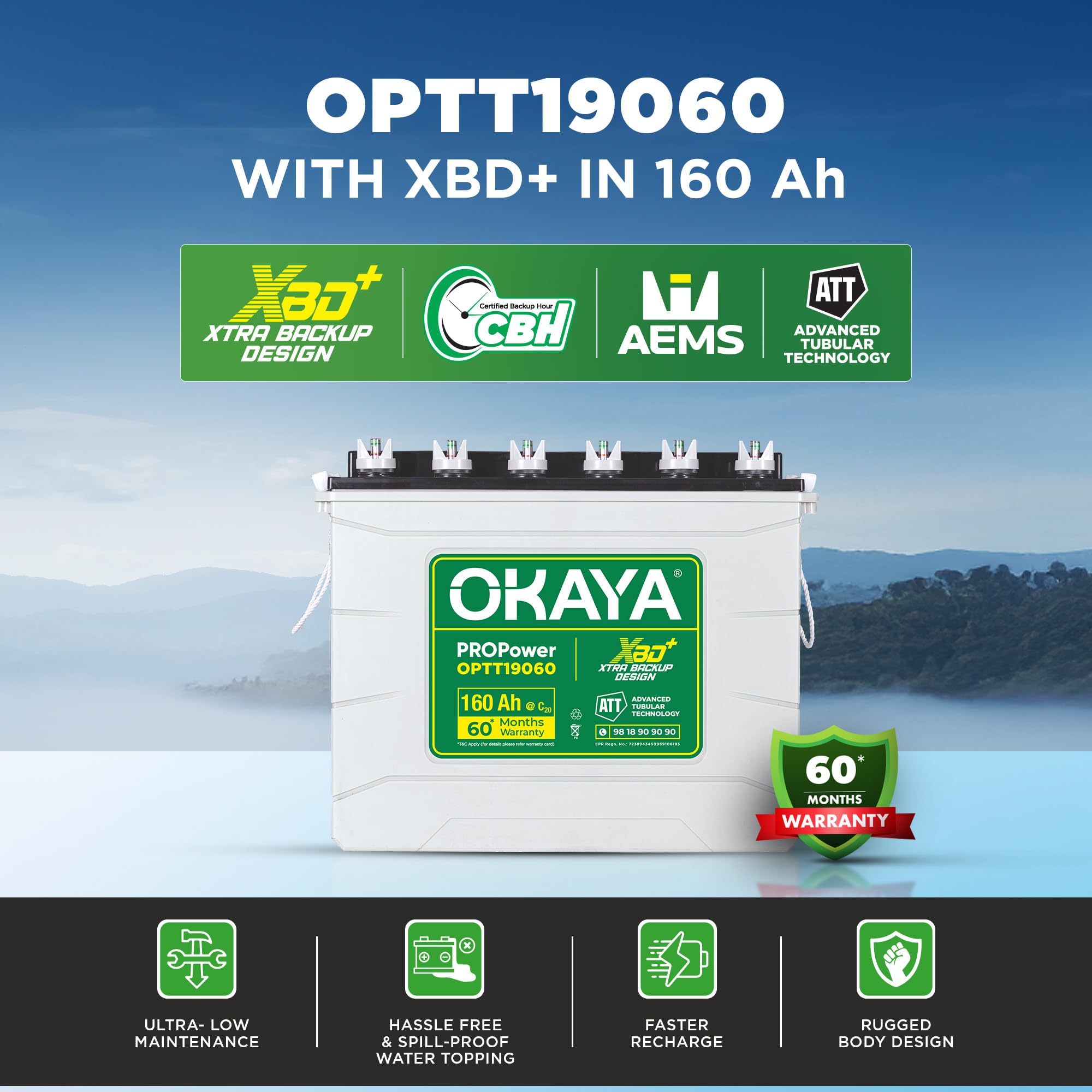 Okaya Propower OPTT19060 160Ah Advanced Tall Tubular Inverter Battery for Home, Office & Shops | Robust & Compact Design | Extra Backup Plus (XBD+ Technology) | 60 Months Total Warranty thumbnail 2