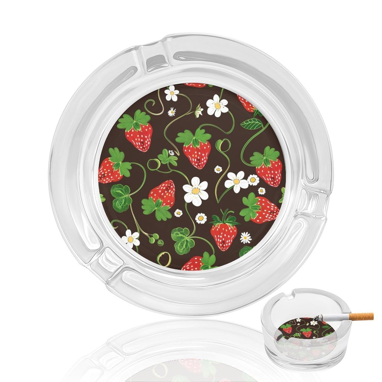 Strawberry Flower Le Glass Ashtray 3.3 Inch Round Cigarette Ash Holder with 4 Grooves for Home Office Outdoor One Size