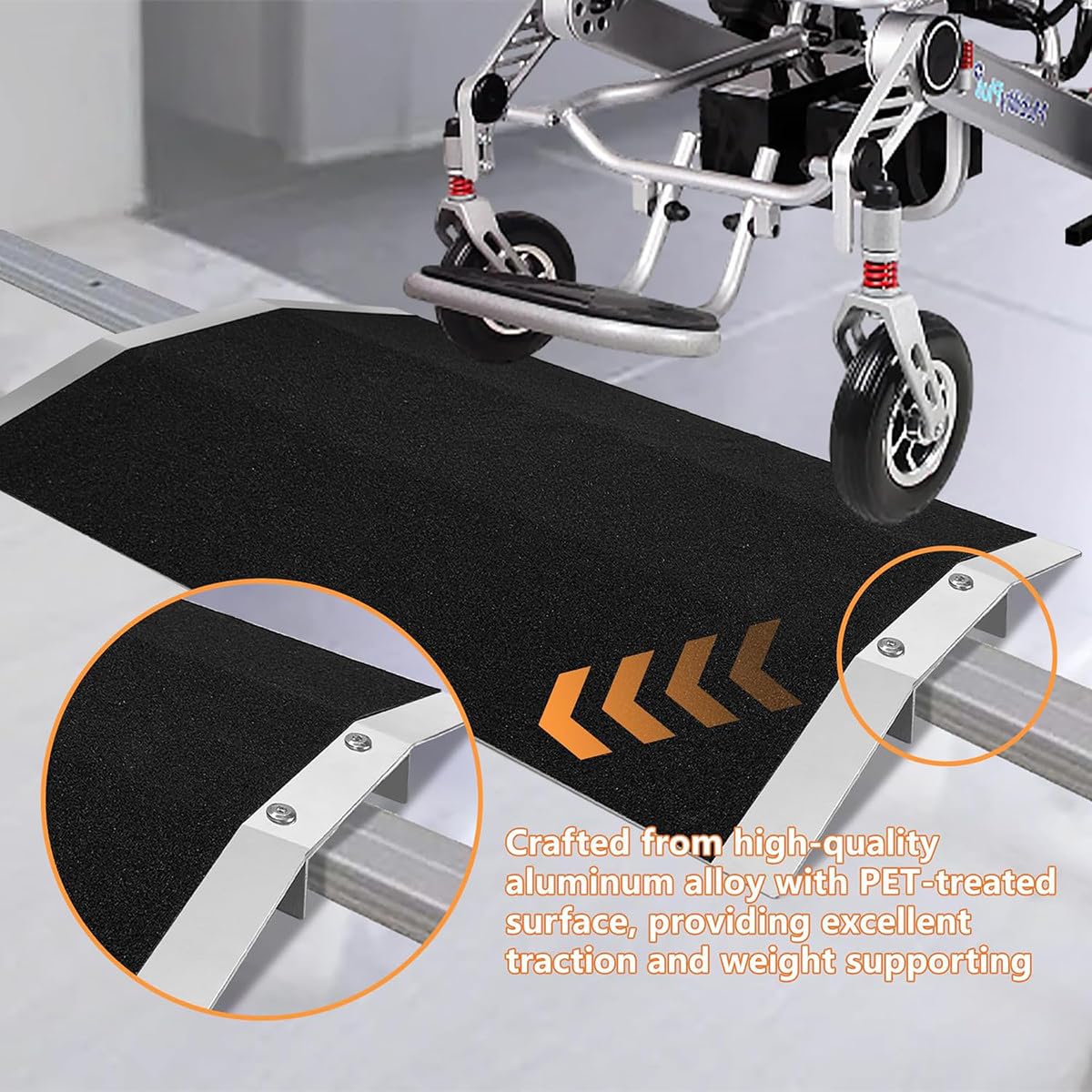 Rampa para silla de ruedas, capacidad de 660 libras, superficie de seguridad antideslizante para puertas, escaleras, escalones y calzadas, 8 cm de alto, diseño duradero