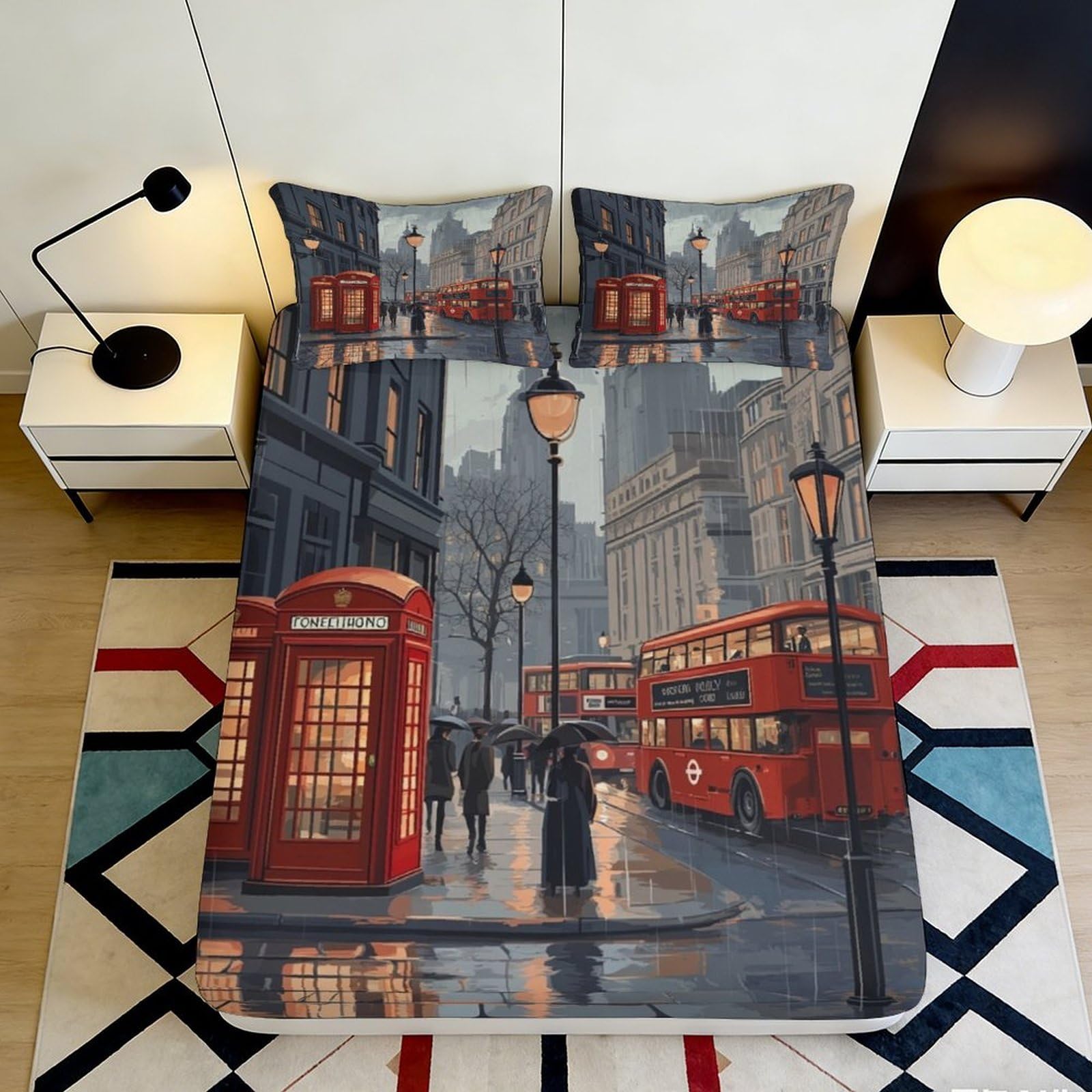 Pnayamiorkfel Style-2 3D Printed London Street Fitted Sheet Microfiber Red Bus Mattress Cover Cityscape Decor Bedroom Home 90X200x25cm