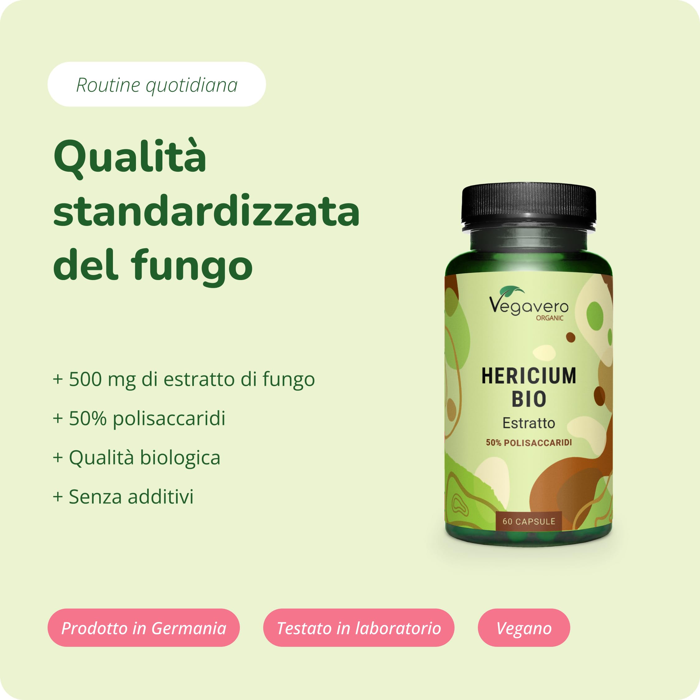 Hericium Erinaceum BIO | 50% di Polisaccaridi | Lions Mane Mushroom Biologico | Testato in Laboratorio | Sistema Immunitario | Vegano e Senza Additivi | Vegavero®