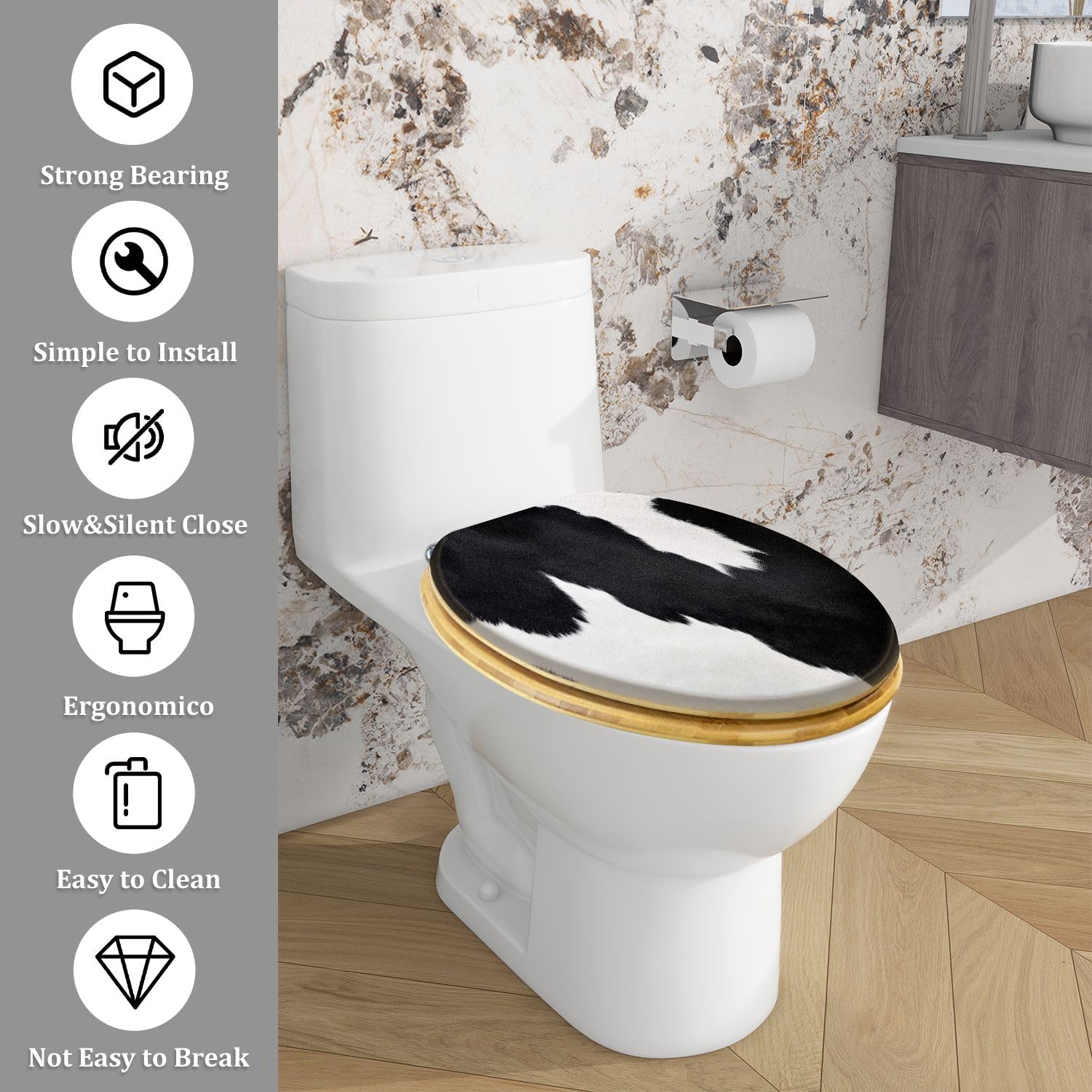 Copriwater decorativo allungato in legno a forma di mucca con cerniere a sgancio rapido, chiusura silenziosa e facile installazione.