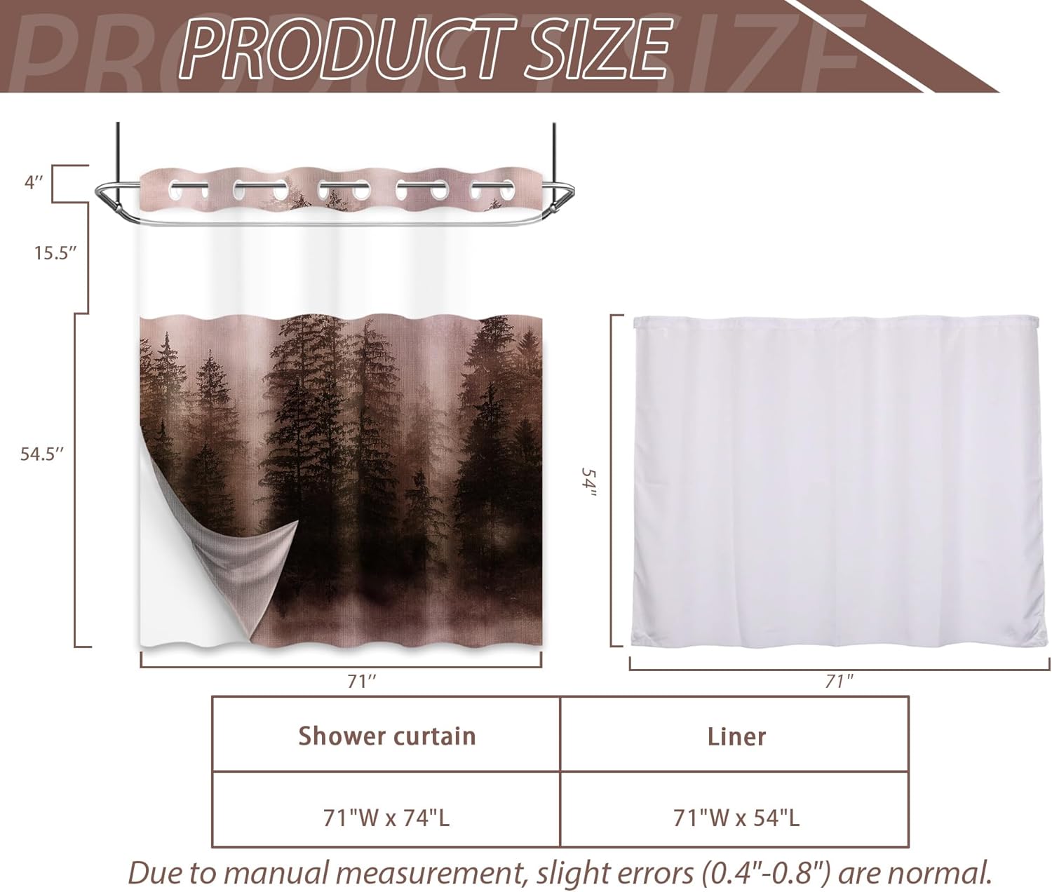 Dark Brown Forest Hookless Shower Curtain with Snap in Liner, Chocolate Rustic No Hook Double Layer Shower Curtain and Liner Set, Ringless with Window Waterproof Fabric 71" W x 74" L
