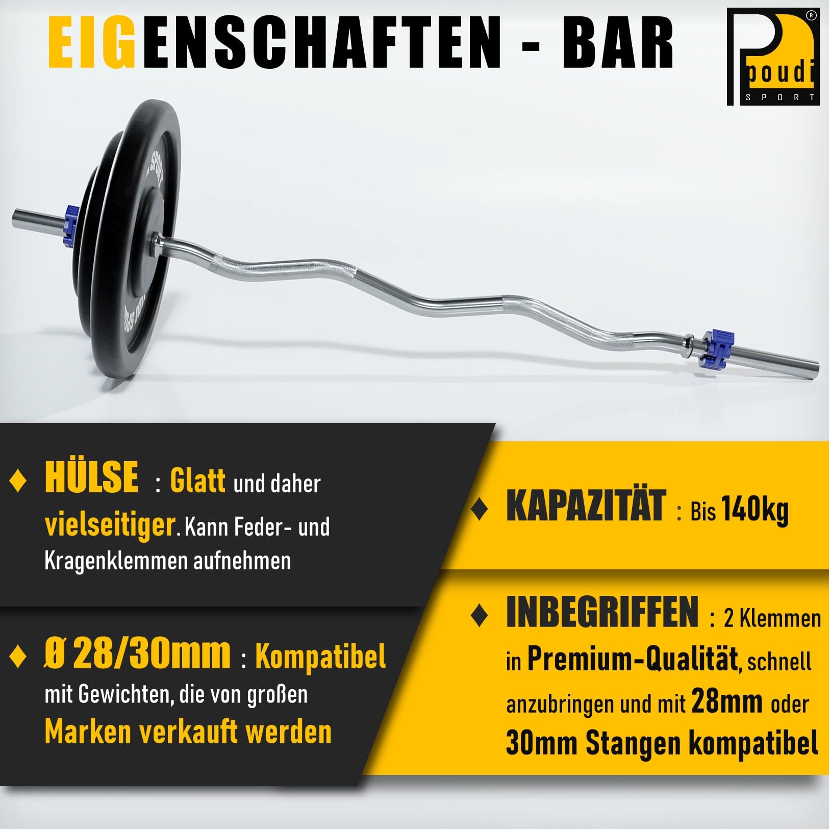Barre curl EZ de musculation en acier chromé 120cm | 2 colliers de serrage + 2 anneaux amovibles | Ø : 28mm ou 30mm