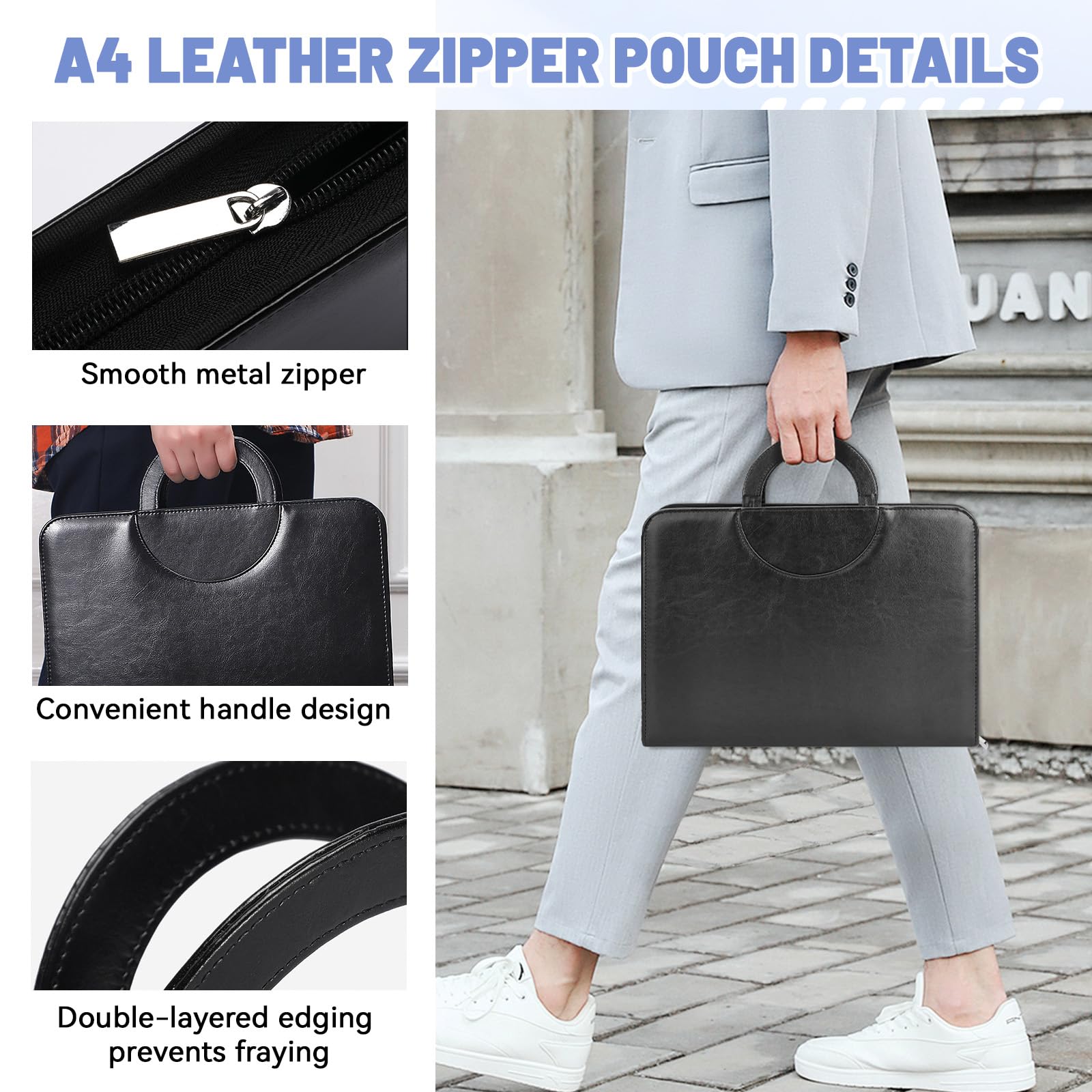 Portefeuille professionnel A4 cuir fermeture éclair 23 x 32 cm noir homme femme