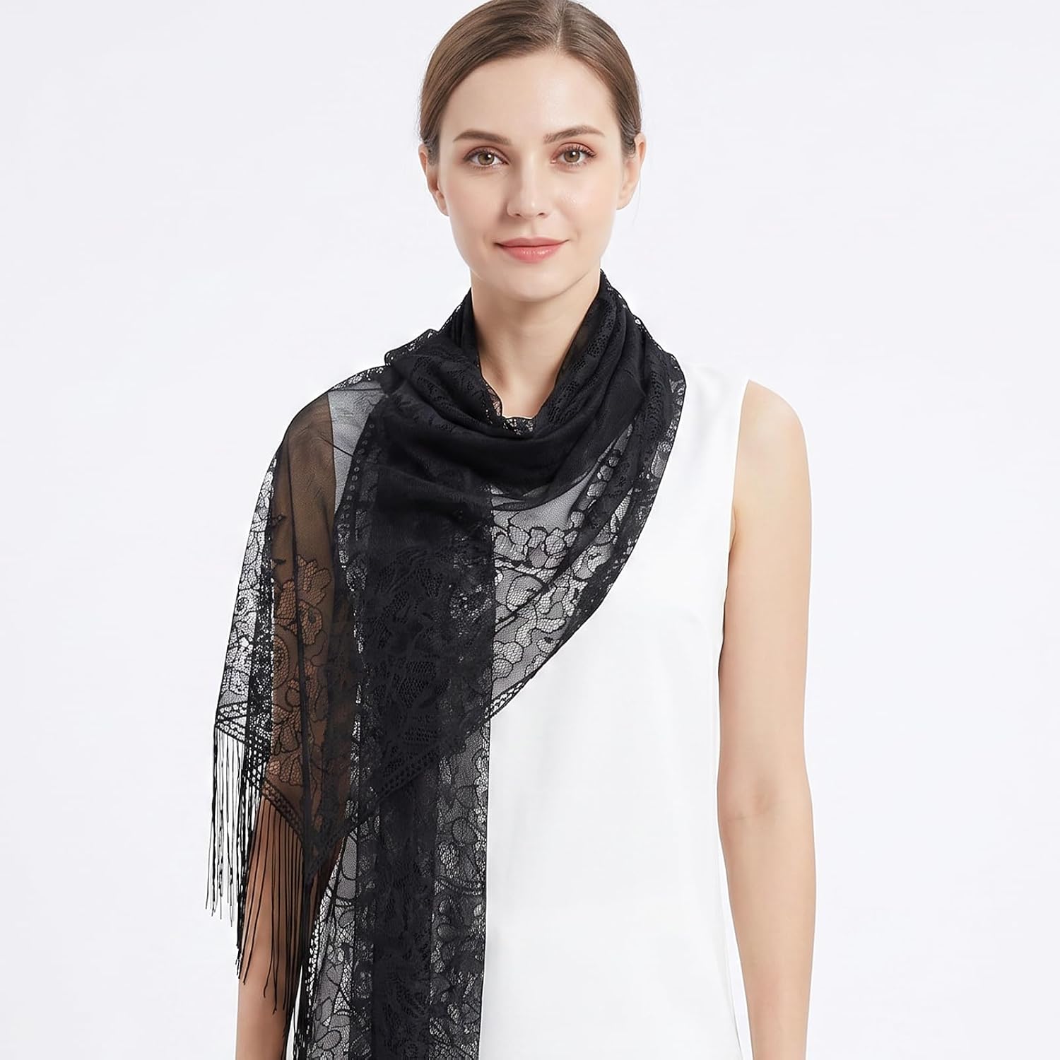 Sucrain Lace Floral Shawls and Wraps Elegant Soft Scarf Sheer Mesh Shawls Wraps for Women Evening Dresses Wedding Party