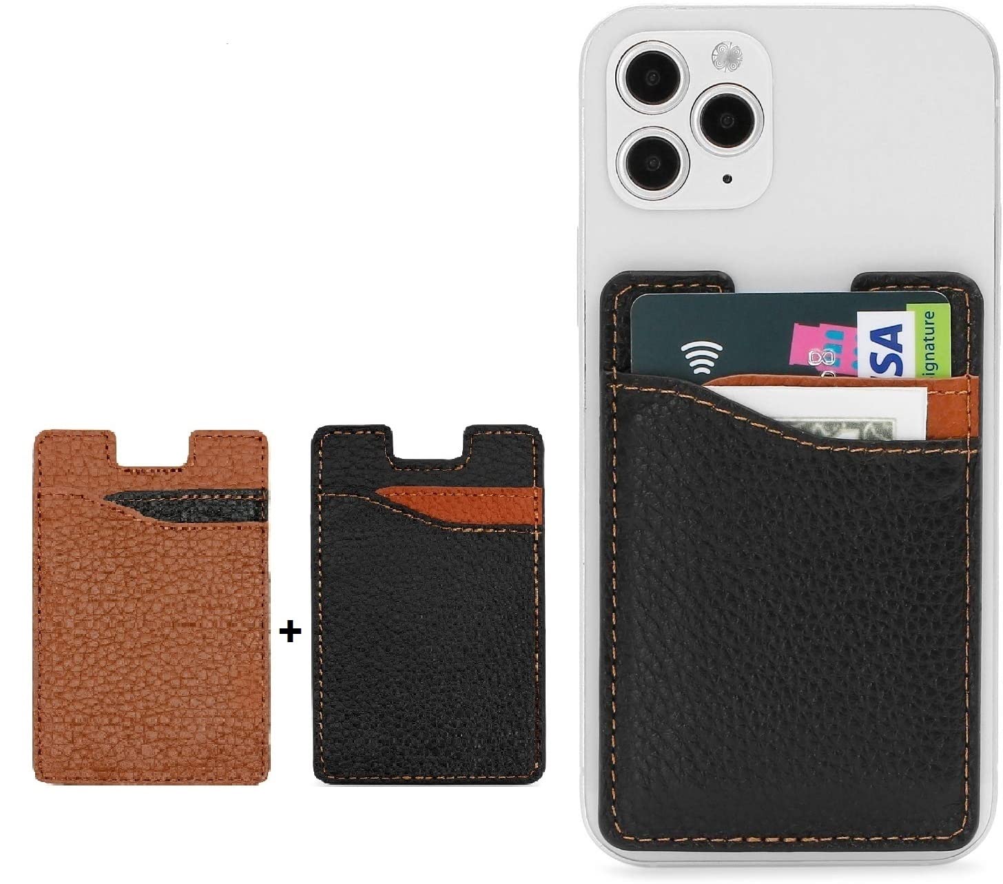 ClickCase Pack of 2 Grainy Leather Metro, Credit Card Holder for Back of Mobile or Case, Adhesive Stick on Phone Back Wallet for All Smartphones (2 pcs.Black & Brown)