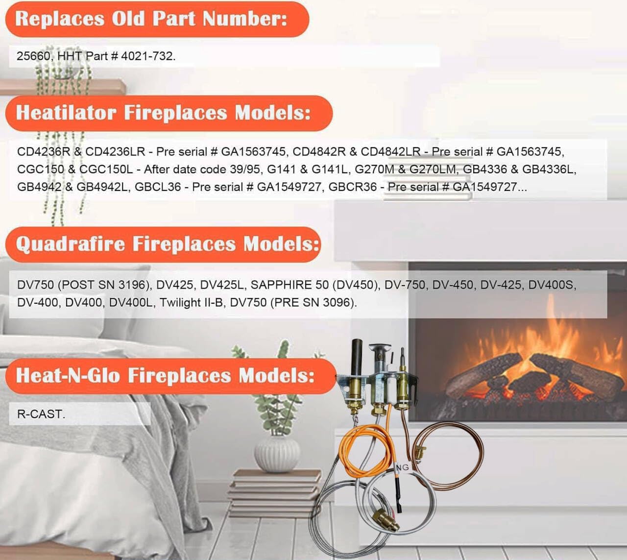 25660/4021-732 Pilot Assembly Natural Gas (NG) for Heatilator, Heat-N-Glo and Quadrafire Stove & Fireplace, Replacement Natural Gas Pilot Assembly for Heatilator GNDC33, GNDC36