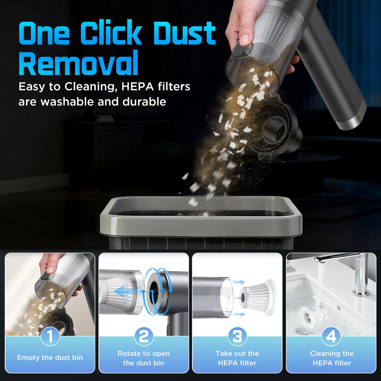 Aspirateur Voiture Puissant 4-en-1, 25000Pa Aspirateur à Main Sans Fil avec Moteur Brushless, 2 Vitesses, 6000mAh, 150000 RPM Souffleur Air Comprimé Pour Bureau, Voiture, Maison, Cuisine, Poils