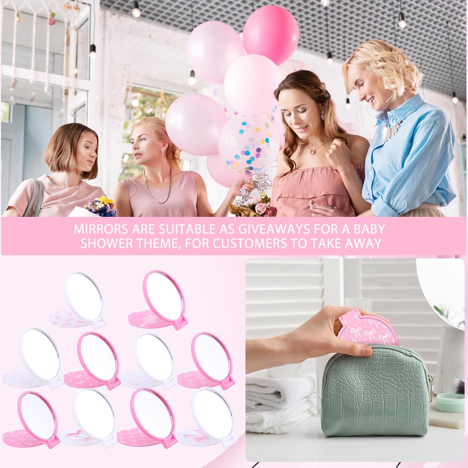 Namalu 50 Pcs Pink Bow Party Favors Coquette Compact Mirrors Bachelorette Birthday Gift for Women Cherry Mini Makeup Supply Purse Pocket Mirror for Baby Shower Wedding Party Decoration Basket Stuffer