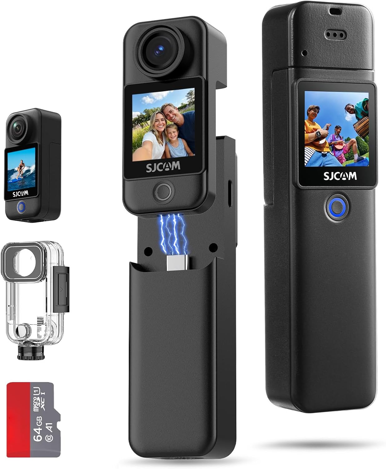 SJCAM C300 Pocket Travel Action Camera 4K,7Hour Power,154° Wide FOV Video Recording,6-Axis Stabilization,Dual-Touch Screen Body Camera,30M Waterproof,Vlogging and Youtube Live Streaming,Black 64G card
