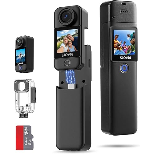 SJCAM C300 Pocket Travel Action Camera 4K,7Hour Power,154° Wide FOV Video Recording,6-Axis Stabilization,Dual-Touch Screen Body Camera,30M Waterproof,Vlogging YouTube Live Streaming,Black 64G Card