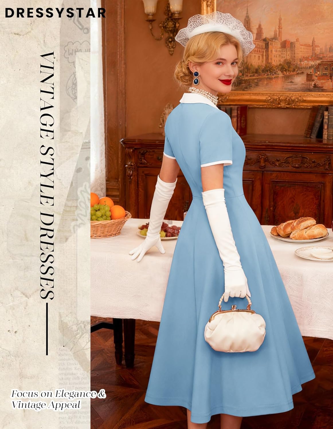 Dressystar Women V Neck 1950s Vintage Short Sleeves Dress Retro A Line Swing Rockabilly Cocktail Party Dresses with Pockets - Image 3