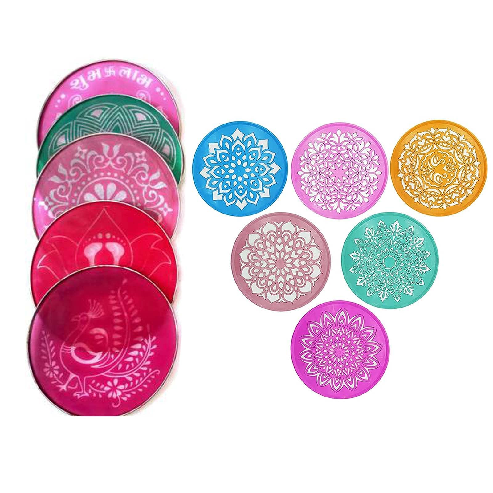 Radhna Multi Designer Rangoli Schablonen Set mit 10 Schablonen für Boden Rangoli Dekoration Diwali Dekoration 8 Zoll Rund Rangoli Stempel & 6 Kreis Schablonen Blume Ganesha Kalash Swastik Schablonen