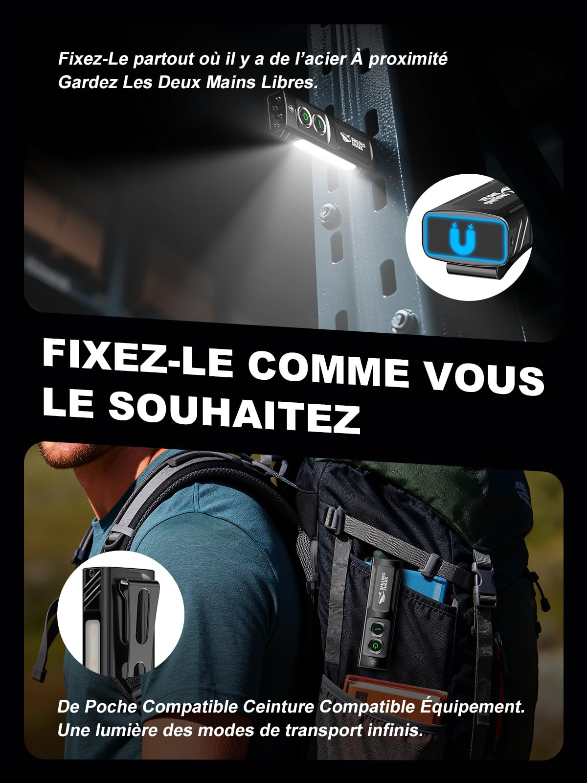 Smiling Shark Lampe Torche EDC T02, Rayon Vert & Lumière Violette & Blanche 900 Lumen (3 Modes) Éclairage Latéral Rouge/Blanc, Flashlight Avec Clip & Pied Magnétique Pour Urgence Camping (Noir)