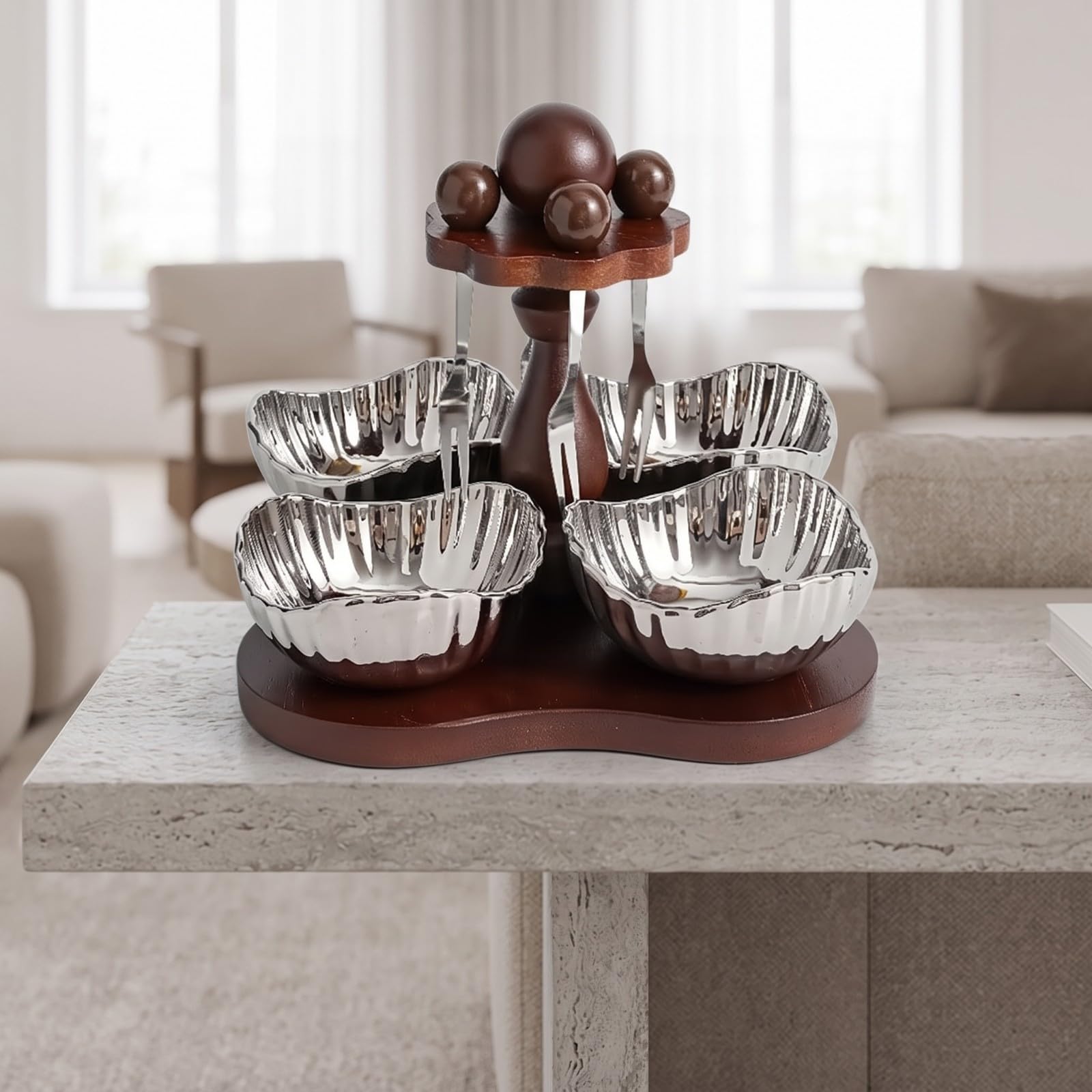 modern Drehbares Serviertablett | Sockel aus dunklem, Snacktablett mit Schalen, elegant, Tapasbrett mit Schälchen, für Couchtisch, Esstisch, Gastgeber, Gold