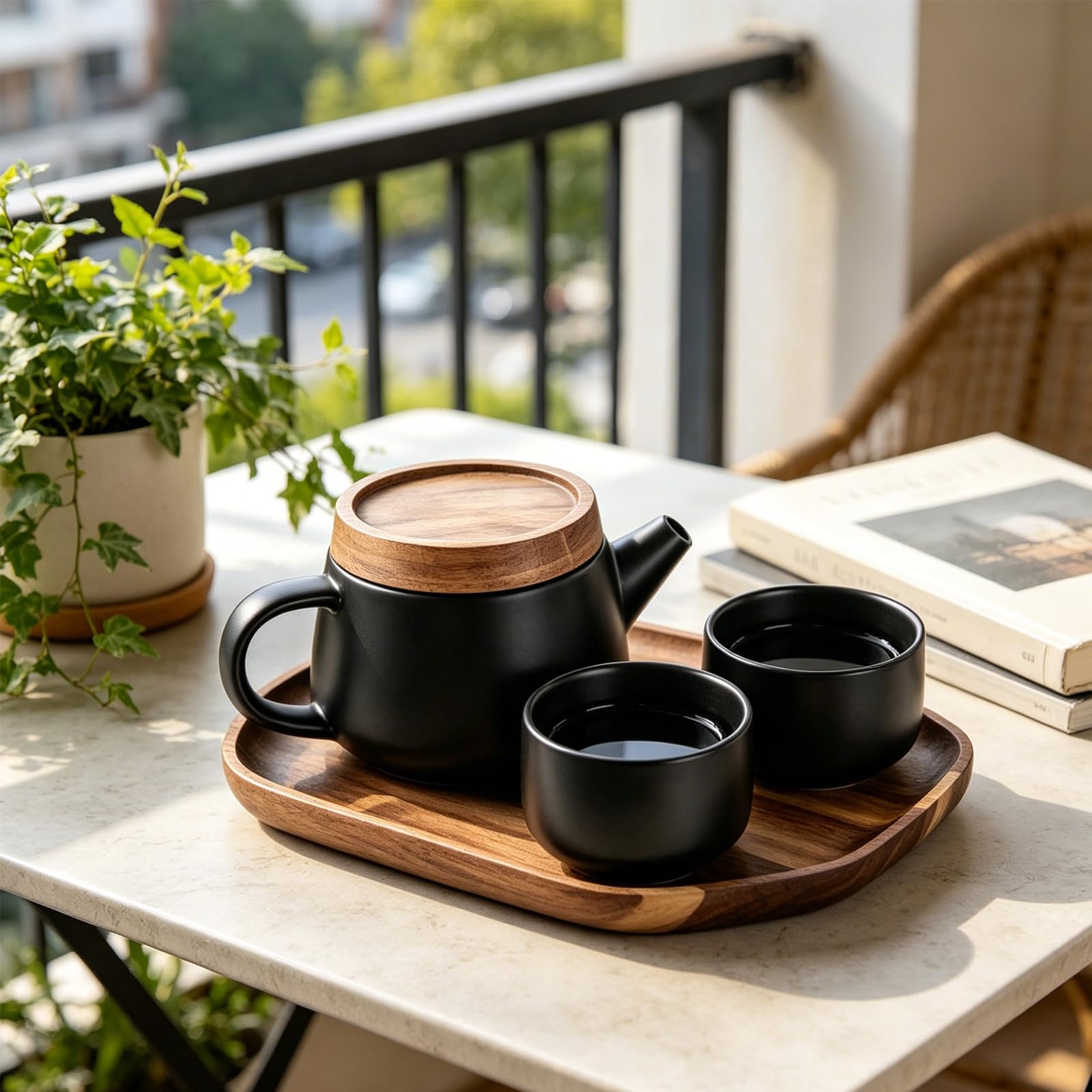 3-częściowy japoński serwis do herbaty, 0,6 l, ceramiczny czarny z drewnianą tacą, 2 filiżanki i sitko ze stali nierdzewnej, porcelanowy serwis do herbaty, ceramiczny serwis do herbaty z tacą