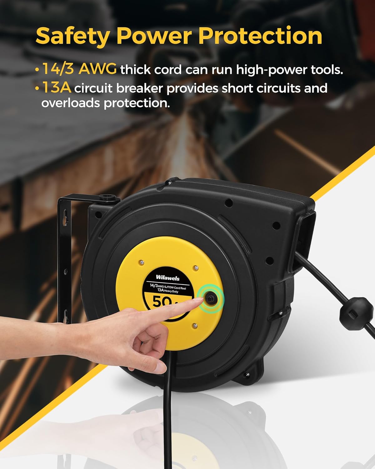 Retractable Extension Cord Reel, 50 FT Heavy Duty Power Cord, 14AWG/3C SJTOW, 3 Grounded Outlets Lighted Triple Tap, 13 Amp Circuit Breaker, UL Listed, Yellow Y50CR06
