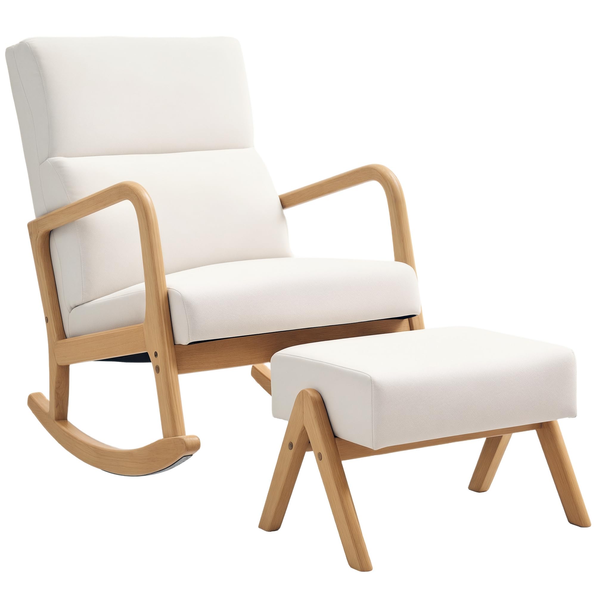 HOMCOM Schaukelstuhl mit Hocker Schaukelsessel Schwingsessel mit Leinenoptik Polstersessel Sessel für Wohnzimmer, Schlafzimmer, Cremeweiß