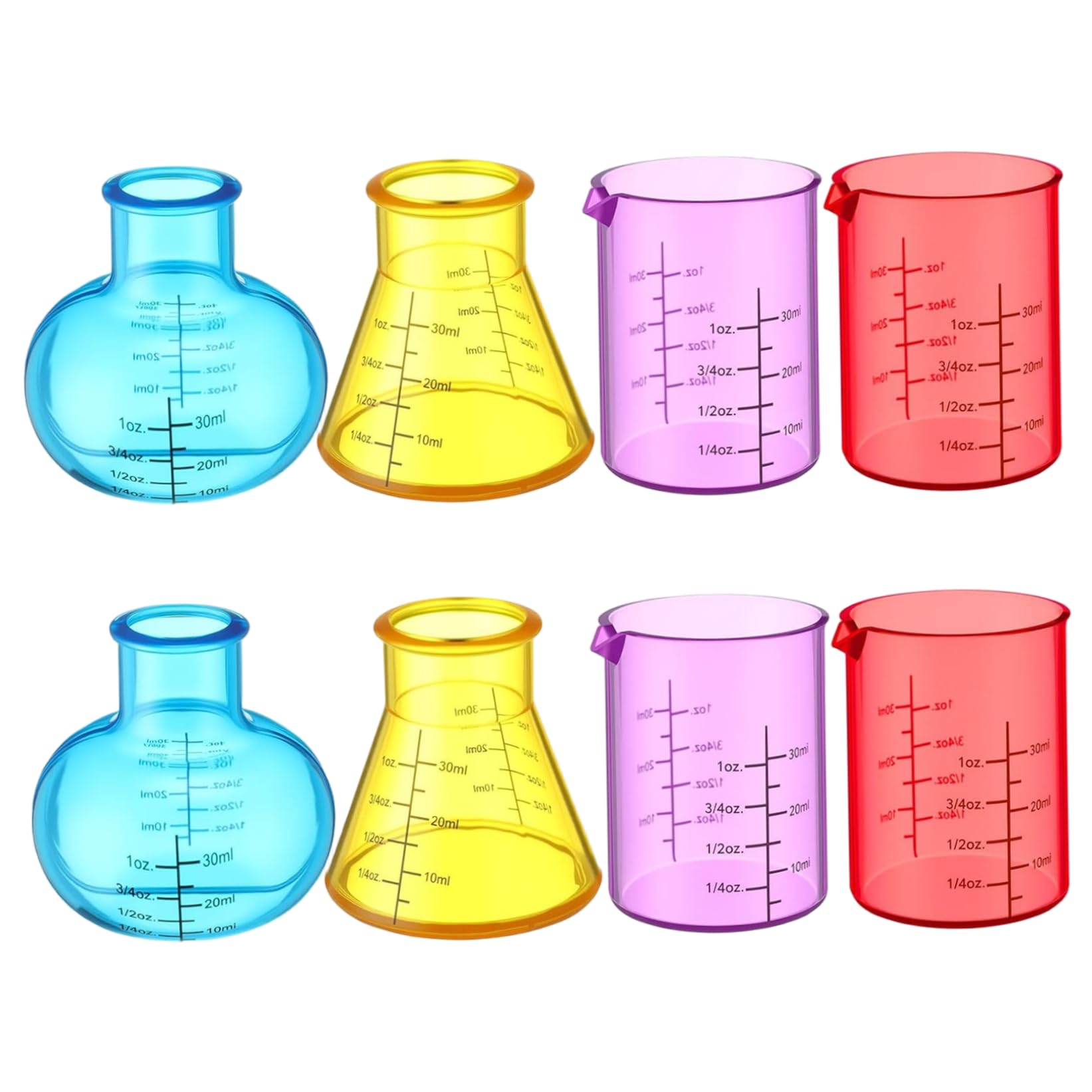 Pineeseatile 8Pcs Plastic Beakers Colorful Beaker Set with Different Shapes Plastic Educational Science Kits for DIY, Experiment, Chemistry, Studies, Flask