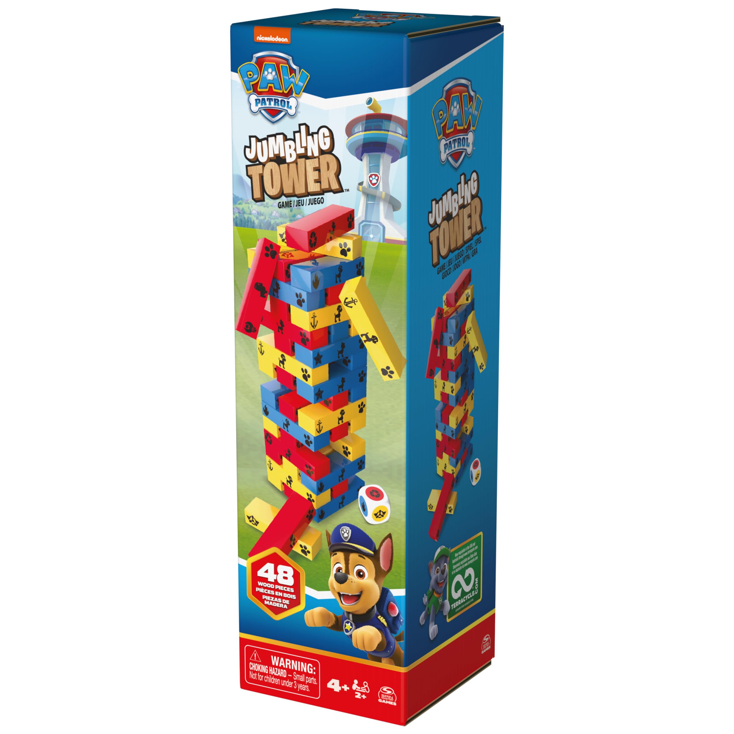 PAW Patrol Jumbling Tower by Spin Master Games, kolorowa gra drewniana Stacking Building Toppling dla dzieci PAW Patrol Toys, dla przedszkolaków w wieku 4 lat i starszych | Wieża budowlana - 48 elementów z drewna i kości - zestaw do budowania - dla 2 grac