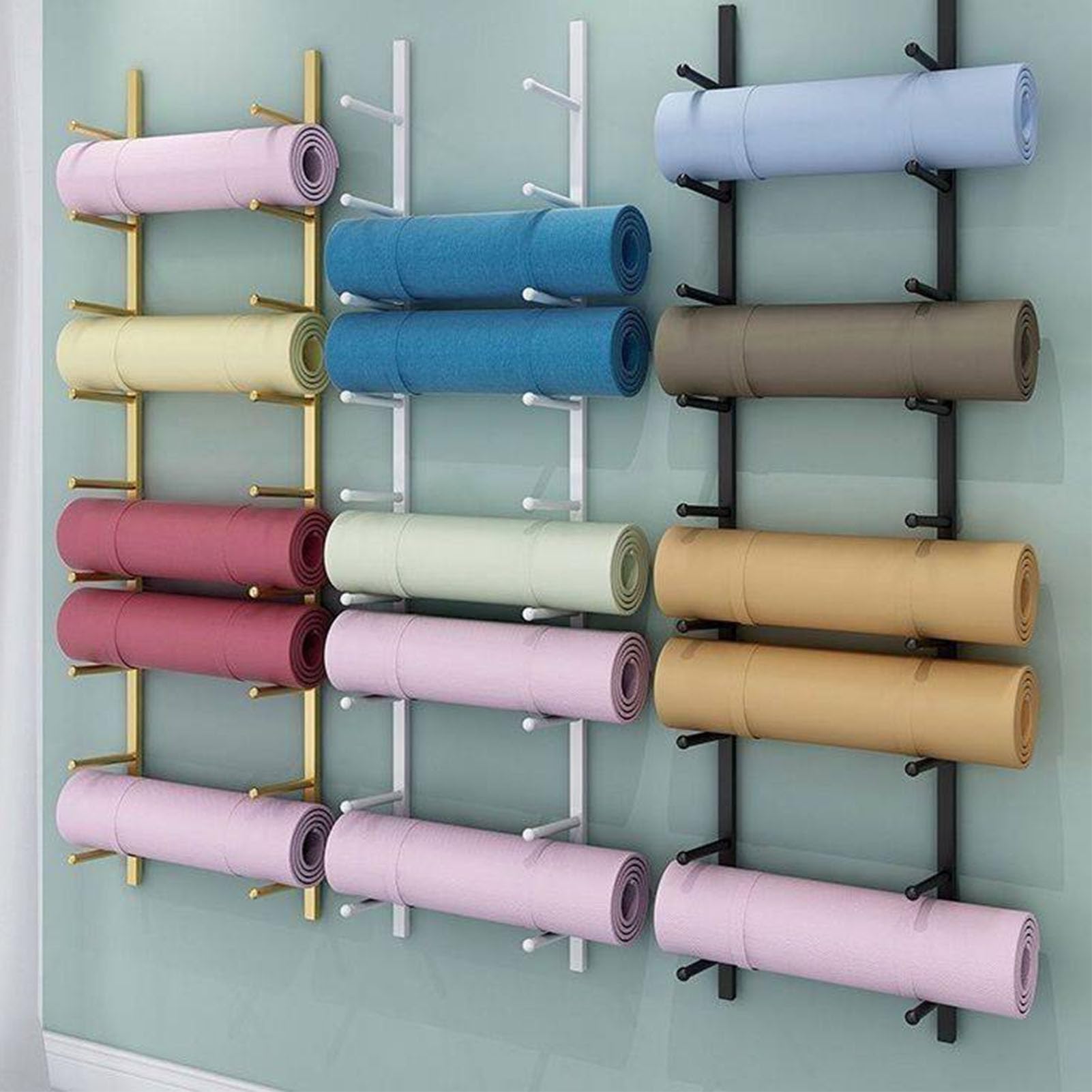 Soporte Esterilla Yoga Soporte de Yoga Montado en La Pared Multicapa,Estante Metálico Colgante para Esterilla de Yoga,Estante de Exhibición de Alfombrillas de Ejercicio,Oro,9 Layers
