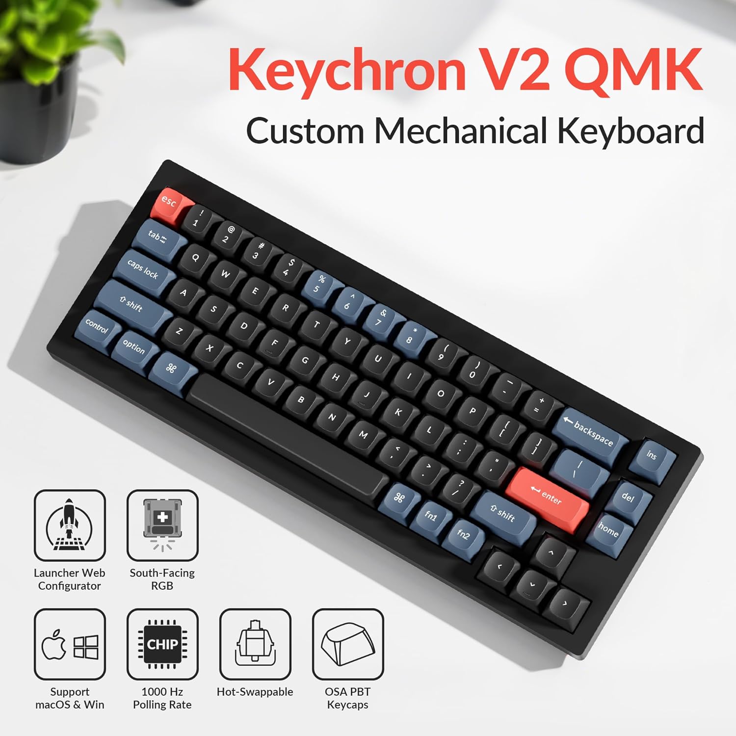 Keychron V2 Wired Custom Mechanical Keyboard, 65% Layout QMK/VIA Programmable Macro with Hot-swappable K Pro Brown Switch Compatible with Mac Windows Linux (Carbon Black - Non-Transparent)