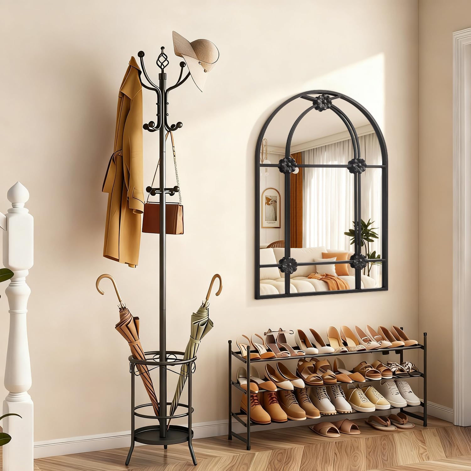 Black Arched Mirror, Metal Framed Wall Mounted Mirror Arch Modern Artistic Decorative Mirrors for Living Room Bedroom Entryway, 20x28 Inch Decor