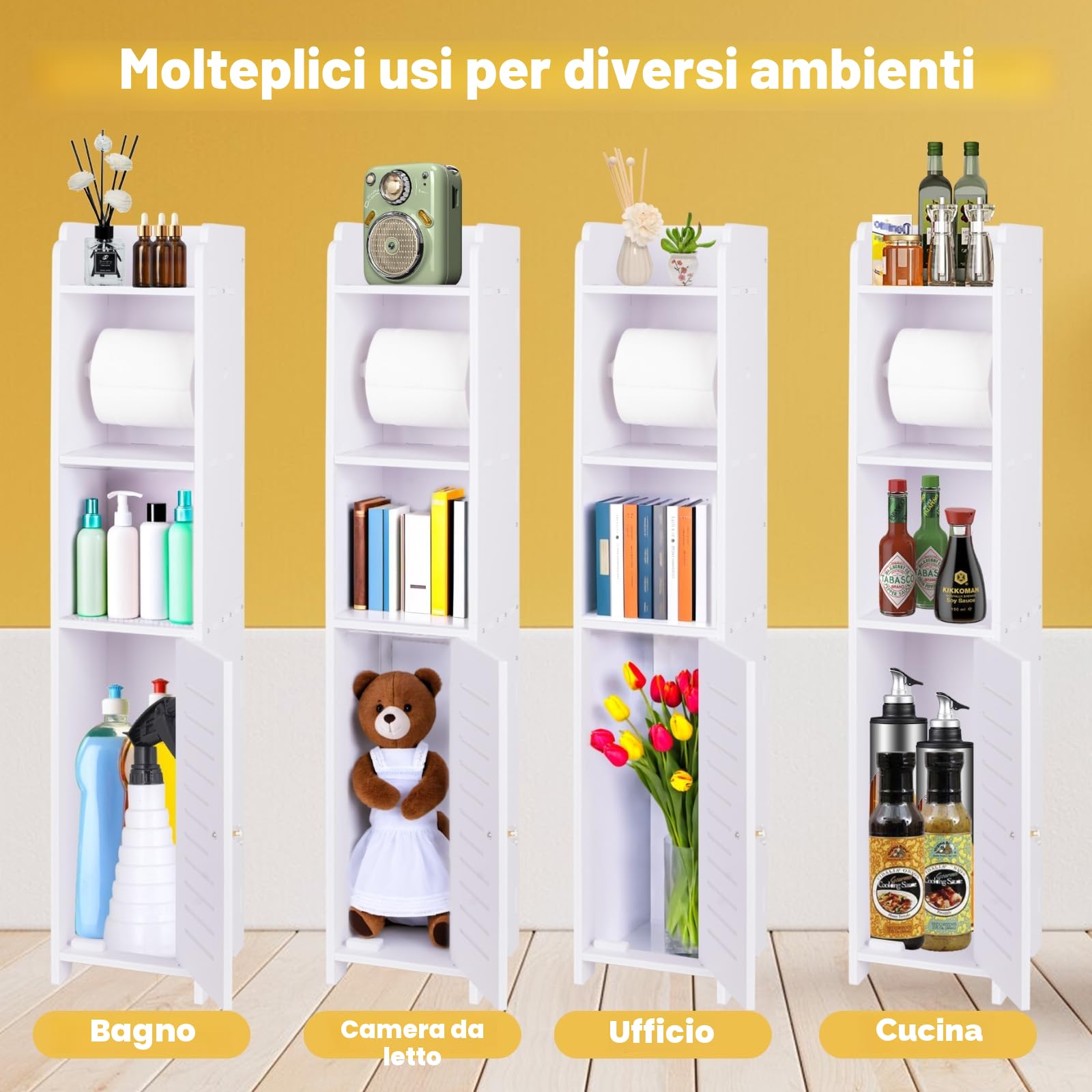 powerking Porta carta igienica, piccolo armadietto da bagno con ante e ripiani, sottile multistrato per bagno, piccoli spazi, pavimento angolare, bianco