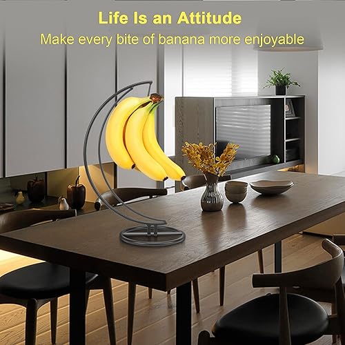 Miniatura 3 de Soporte para plátano, soporte estable de metal independiente con gancho, forma de luna, moderno almacenamiento de frutas para encimera de cocina