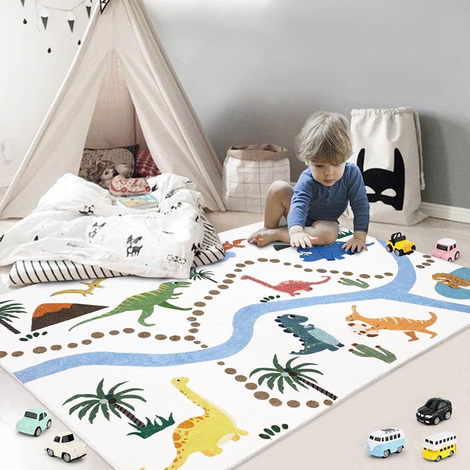 Dinosaur Play Rug - 3x5Ft Soft, Nonslip, Washable, Kids' Bedroom & Playroom Rug