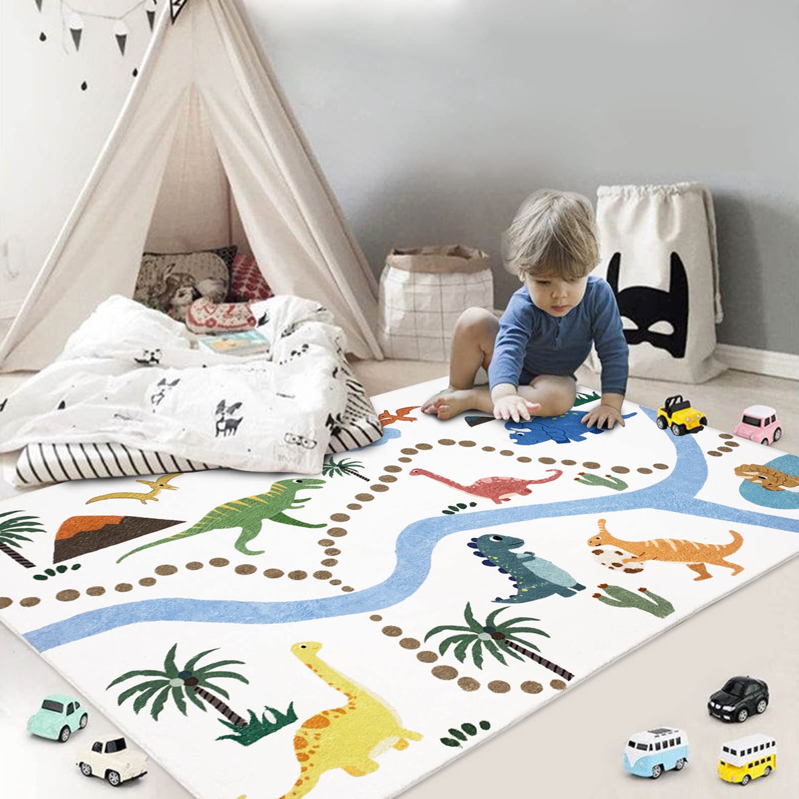 Abeigoi Dinosaur Play Rug - 3x5Ft Soft, Nonslip, Washable, Kids' Bedroom & Playroom Rug