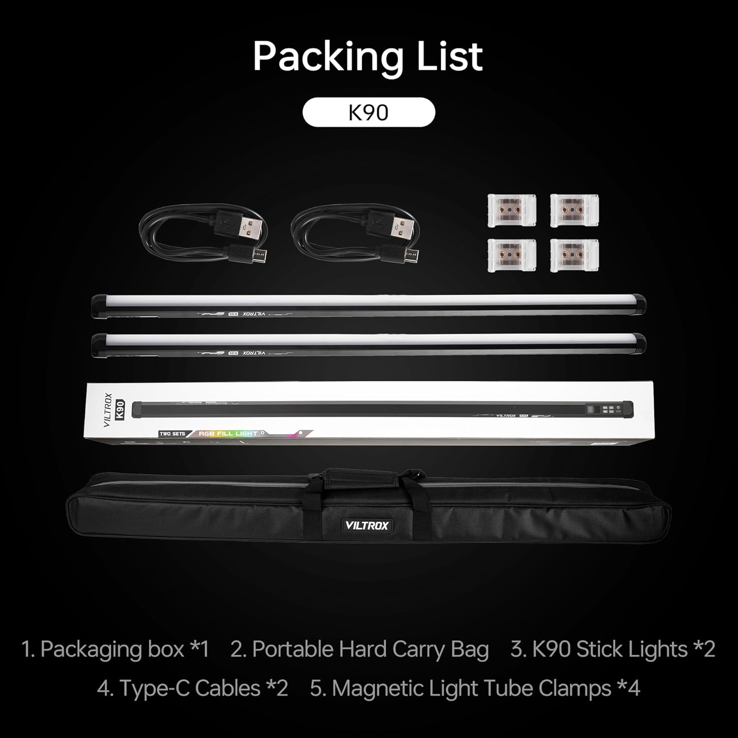VILTROX 2 Pack LED Stick Light Kit, 30W Full Color LED Tube Light with Built-in 14.8V/3300mAh Battery and USB-C 35W Fast Charging, RGBW Video Light for Photography and Filmmaking (K90 Kit)