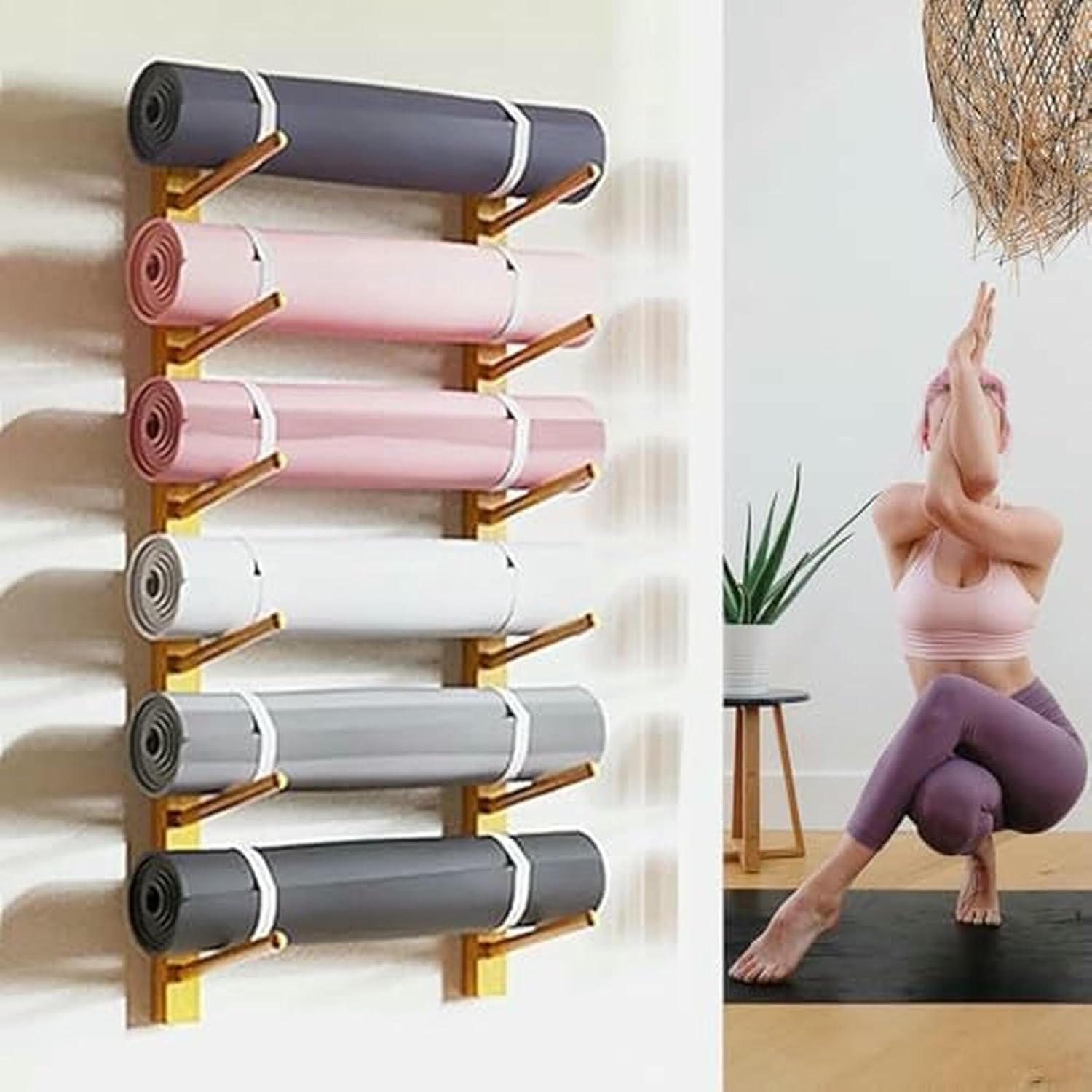 9 Level Yoga Sterilla Support for Wall Assembly, Support for Solid Wood Foam Rollers, Decorative Storage Organizer for Exercise Mats ~/