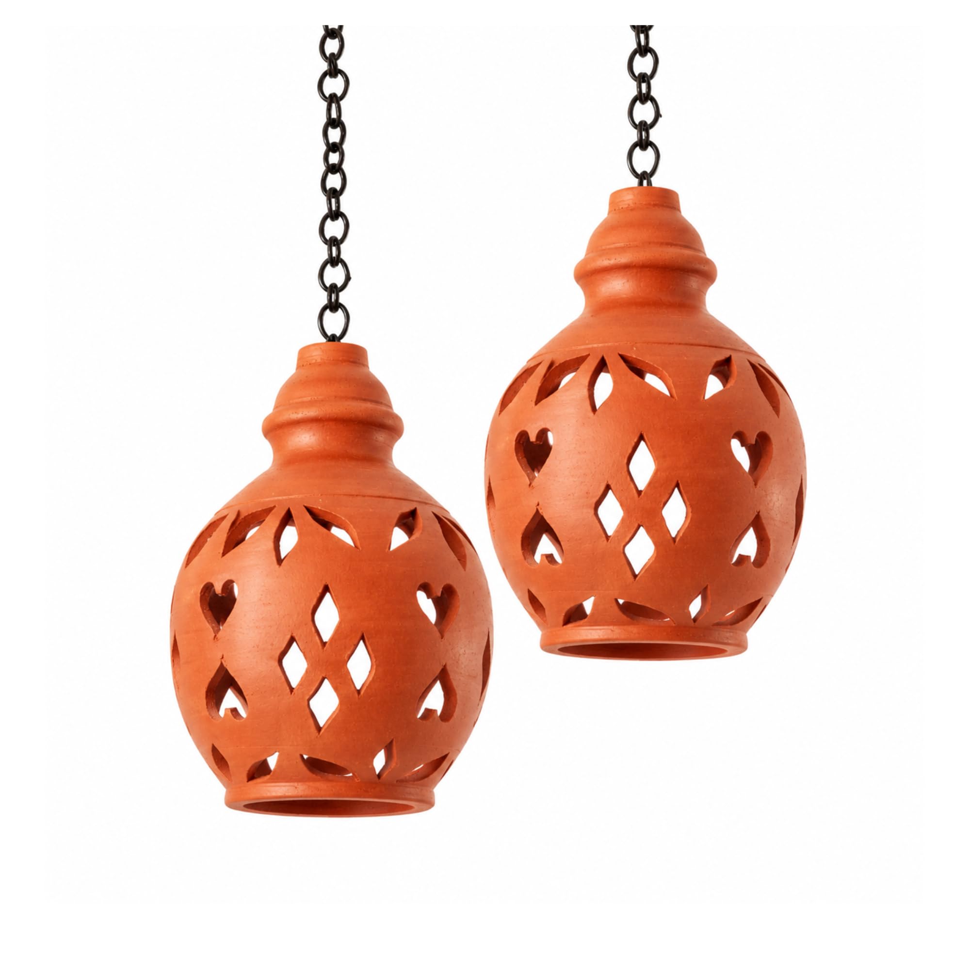 Handmade Terracotta Hanging Lamp Shade Set of 2 with Metal Chain | Natural Clay Decorative Pendant Lamp Shade | Rustic Home Decor for Balcony, Living Room, Garden & Pooja Room-image-27